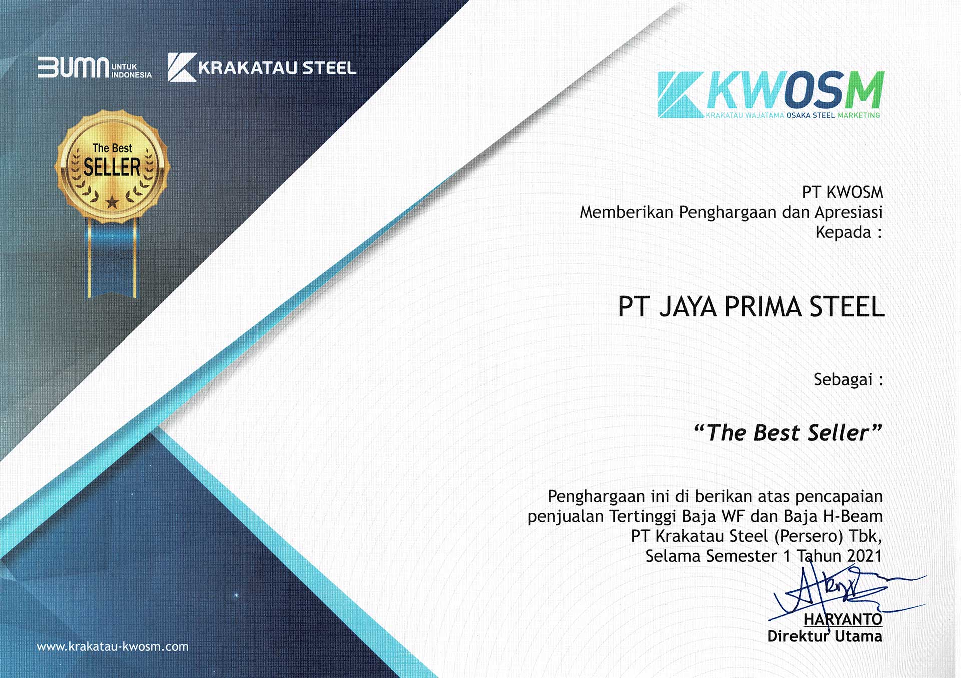 Penghargaan KWOSM Kepada PT. Jaya Prima Steel.